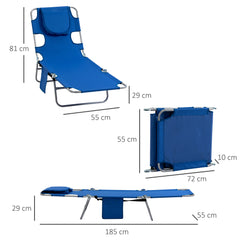 Outsunny 2 Pieces Foldable Sun Lounger with Reading Hole, Portable Sun Lounger with 5 Level Adjustable Backrest, Reclining Lounge Chair with Side Pocket, Headrest Pillow, Blue