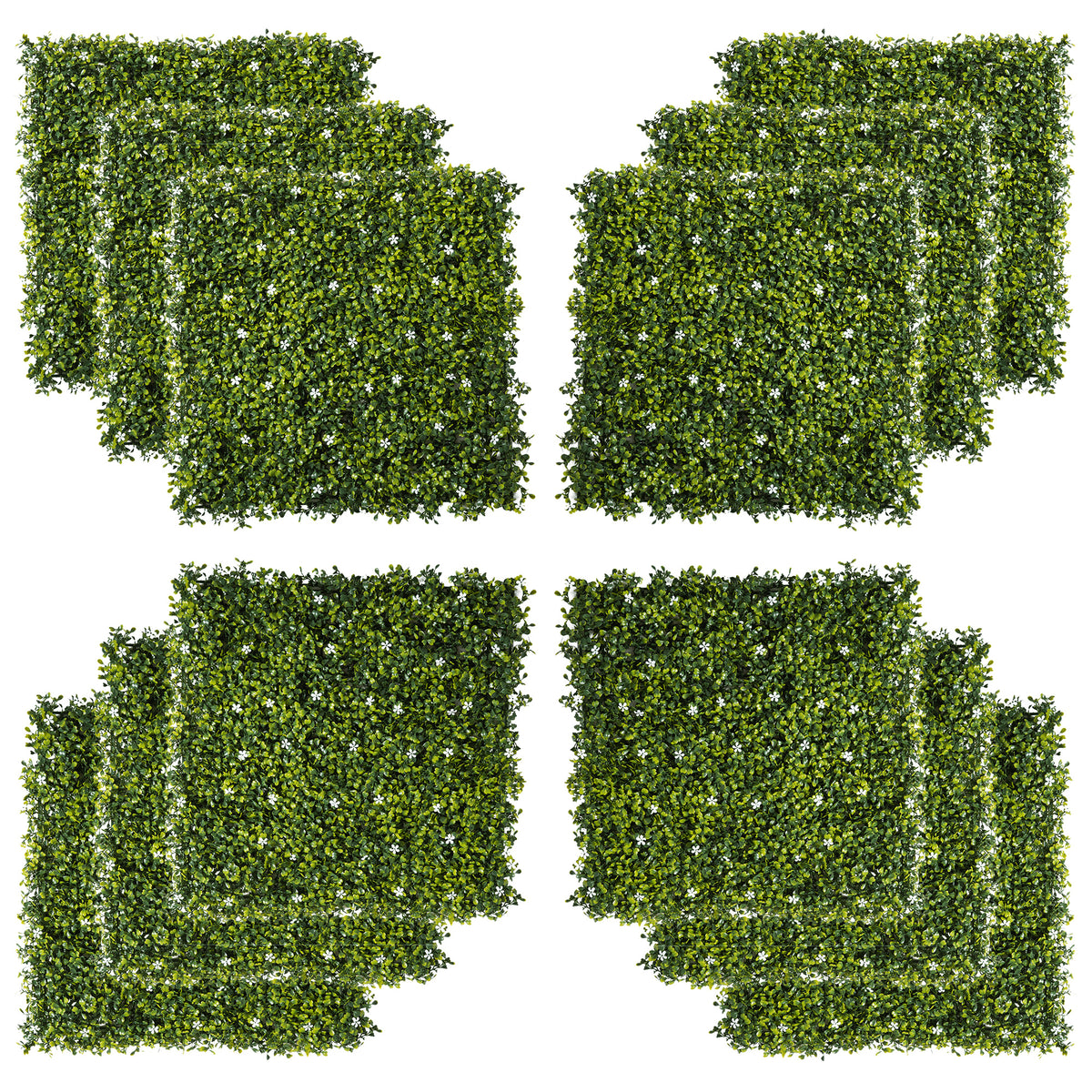 Outsunny 12PCS Artificial Boxwood Wall Panels 50cm x 50cm Grass Privacy Fence Screen Faux Hedge Greenery Backdrop Encrypted Milan Grass with White Flowers for Home Garden Backyard Balcony