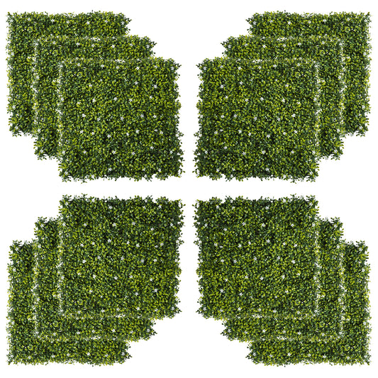 Outsunny 12PCS Artificial Boxwood Wall Panels 50cm x 50cm Grass Privacy Fence Screen Faux Hedge Greenery Backdrop Encrypted Milan Grass with White Flowers for Home Garden Backyard Balcony