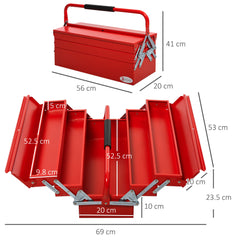 DURHAND Metal Tool Box 3 Tier 5 Tray Professional Portable Storage Cabinet Workshop Cantilever Toolbox with Carry Handle, 56cmx20cmx34cm, Red