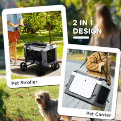 PawHut Foldable Dog Stroller, Pet Travel Crate, with Detachable Carrier, Soft Padding, for Mini, Small Dogs - Grey