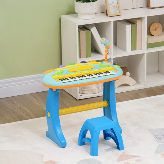 AIYAPLAY 37-Key Kids Piano w/ Microphone, Stool, LED Lights, Record & Replay, Function, Blue