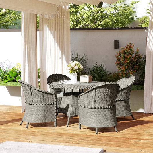 Outsunny 4 Seater Rattan Garden Furniture Set with Cushions, Round PE Rattan Dining Set with Glass-Top Table, Umbrella Hole, Outdoor Garden Table and Chairs, Grey