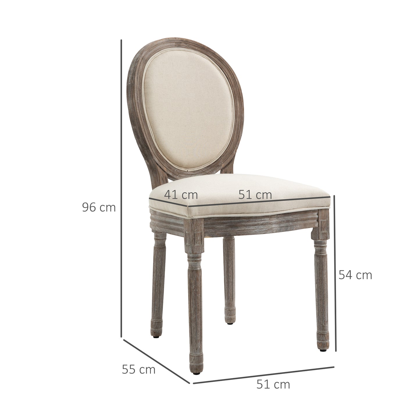 HOMCOM Dining Chairs Set of 2, French-Style Upholstered Kitchen Chairs with Padded Seats, Wood Frame and Round Back, Cream White