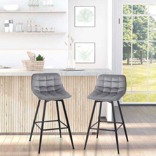 HOMCOM Set of 2 Bar Stools Velvet-Touch Dining Chairs Kitchen Counter Chairs Fabric Upholstered seat with Metal Legs, Backrest, Grey