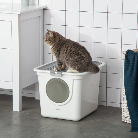 PawHut Cat Litter Box, Pet Toilet, Enclosed Kitten Pan with Front Entrance Top Exit, High Side, Scoop, White