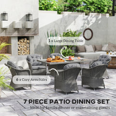 Outsunny 6 Seater Rattan Dining Set with Seat and Back Cushions, PE Rattan Garden Furniture Set, Outdoor Dining Table and Chairs, Rectangular Glass Top Table with Umbrella Hole, Light Grey