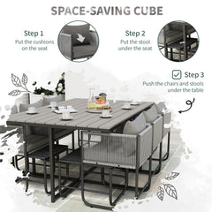 Outsunny 10 Seater Rattan Cube Garden Furniture Set, Rattan Dining Set with Cushions, Outdoor Dining Table and Chairs with 6 Armchairs, 4 Stools, Rectangular Wood Grain Plastic Top Table, Grey