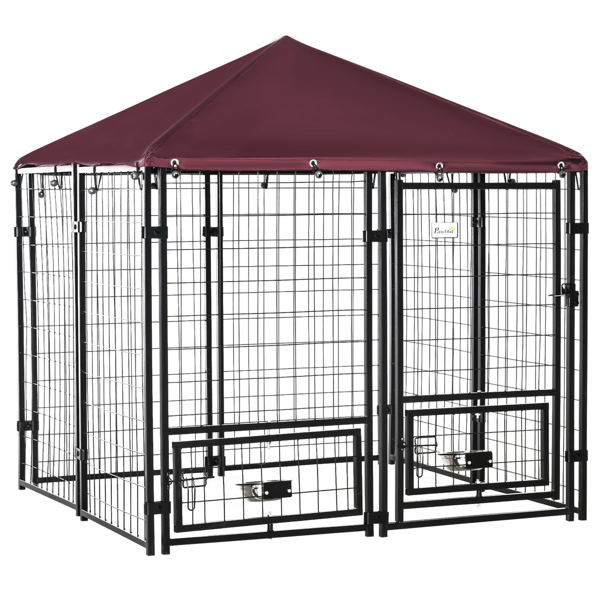 PawHut Outdoor Dog Kennel with Rotating Bowl Holders, Water and UV-Resistant Cover for Medium & Small Dogs, Red