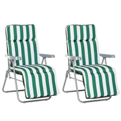 Outsunny 2 Pieces Outdoor Sun Lounger Set with Cushions, Patio Folding 5-Level Adjustable Backrest Recliner Chairs Set of 2 with High Backrest and Armrests, Green & White