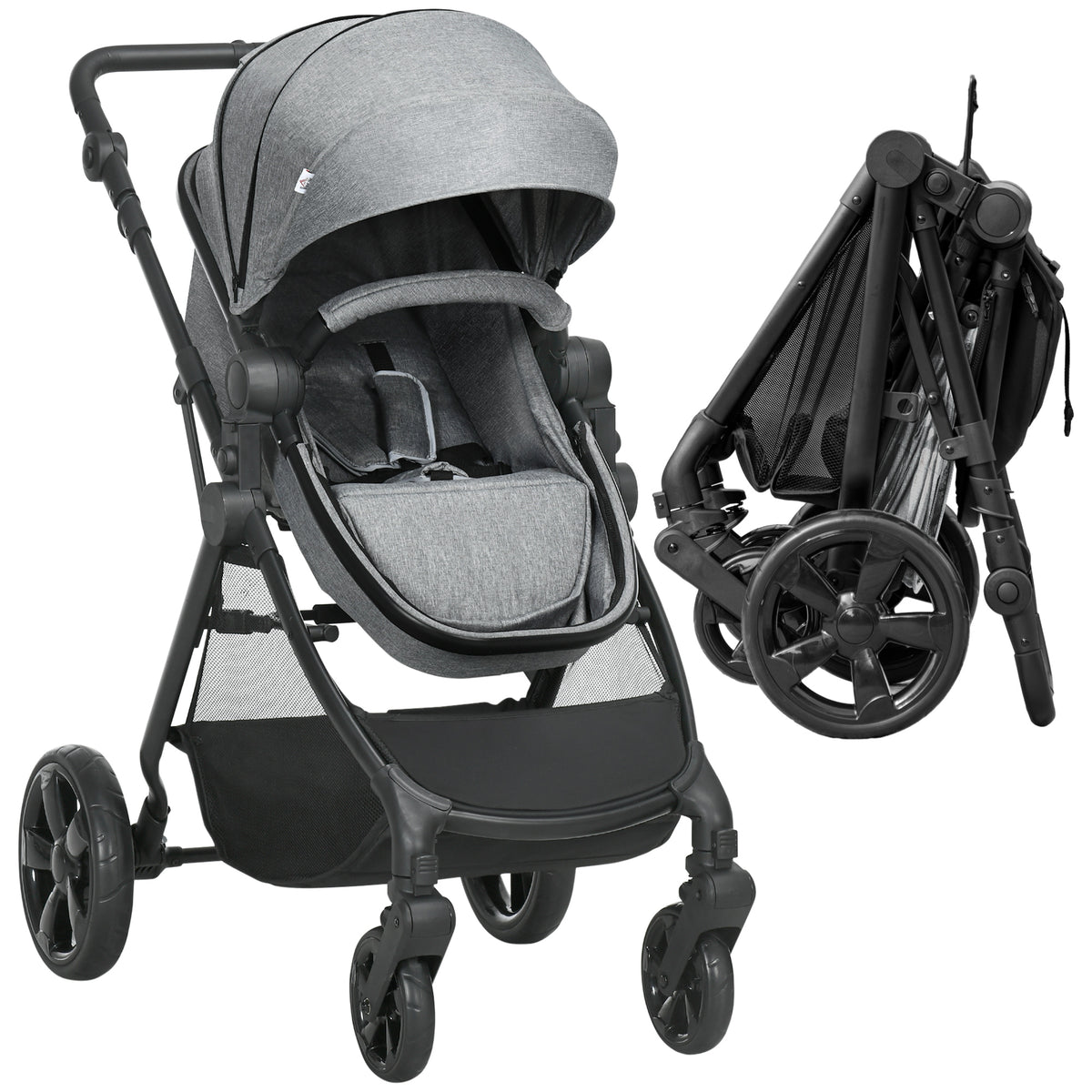 HOMCOM Foldable Baby Stoller, with Reclining Backrest, Adjustable Canopy, for Ages 0-36 Months - Grey