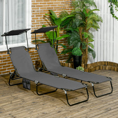 Outsunny Set of Two Folding Sun Loungers, with Adjustable Backs and Sun Canopies - Grey