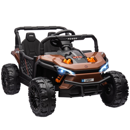 AIYAPLAY 12V Battery Powered Ride on Truck w/ Remote, Four Suspension Wheels, Horn, Lights, Music, USB, for Ages 3-5 Years, Brown