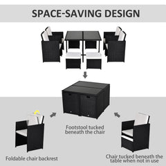 Outsunny 8 Seater Rattan Cube Garden Furniture Set, Rattan Dining Set with Cushions, Outdoor Dining Table and Chairs with 4 Armchairs, 4 Stools, Square Glass Top Table, Black