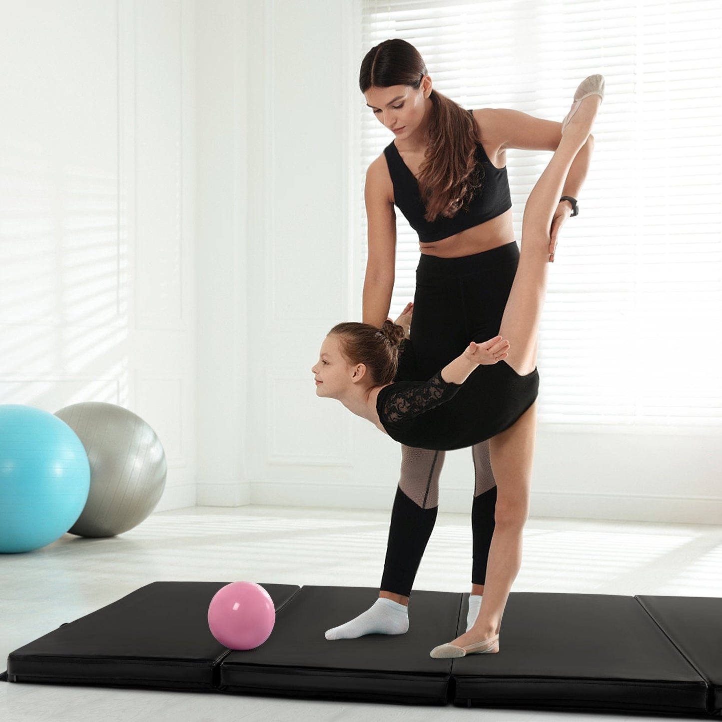 Folding Gymnastics Mat with Carry Handles, Hook and Loop Fasteners-Black