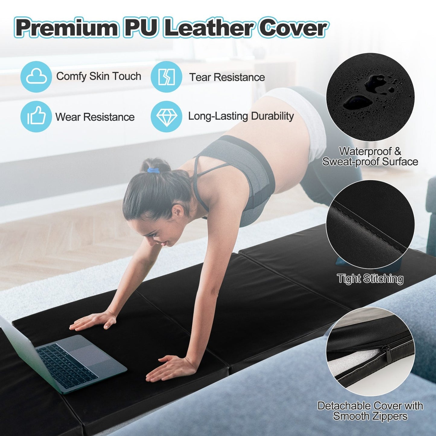 Folding Gymnastics Mat with Carry Handles, Hook and Loop Fasteners-Black
