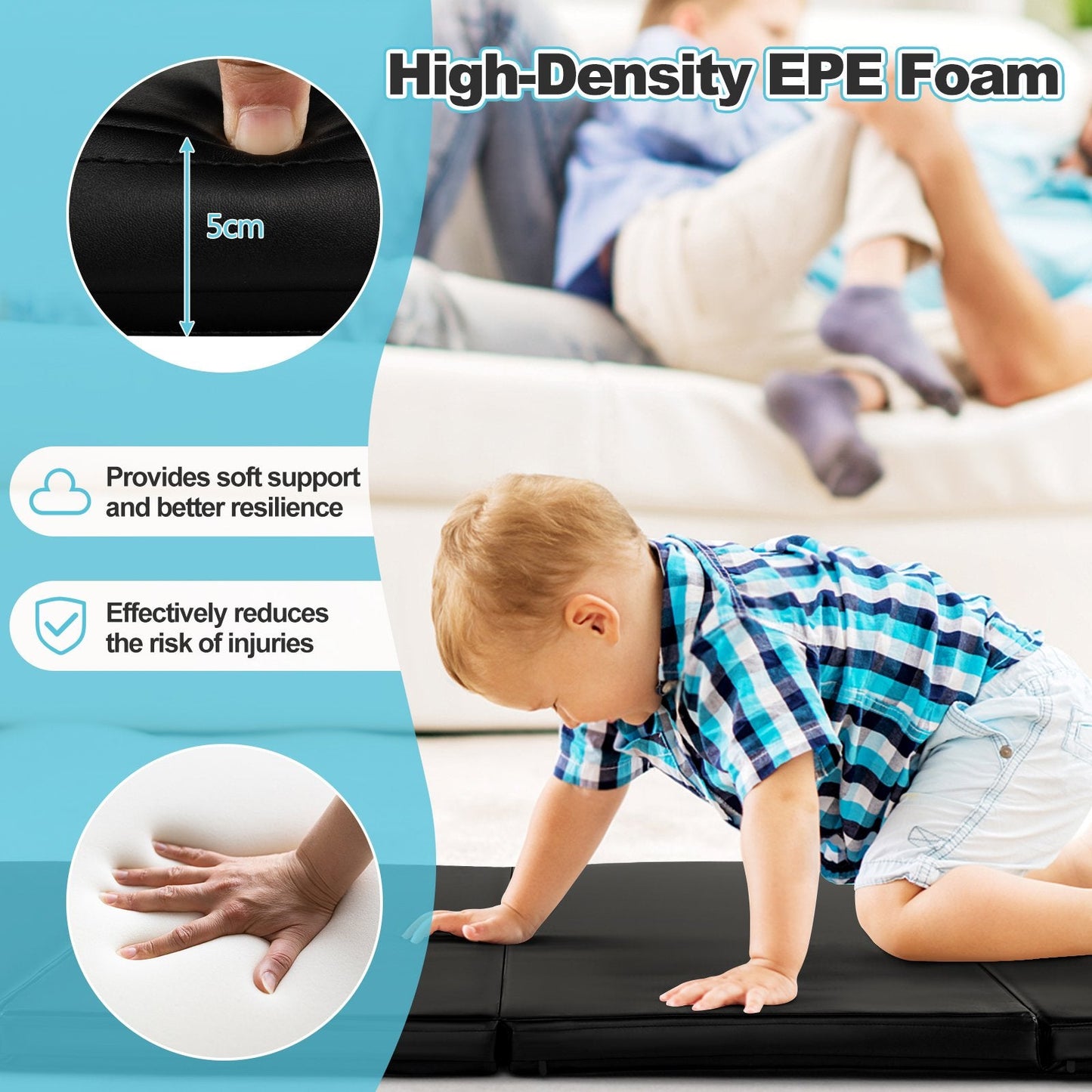 Folding Gymnastics Mat with Carry Handles, Hook and Loop Fasteners-Black
