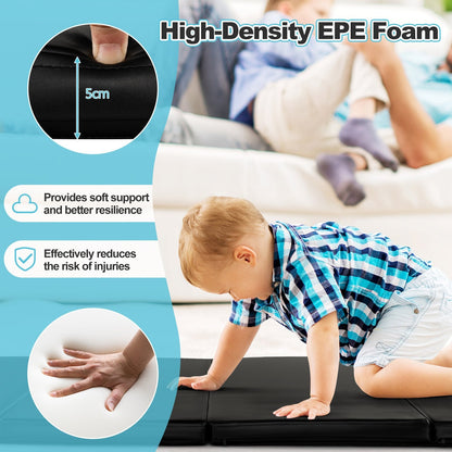Folding Gymnastics Mat with Carry Handles, Hook and Loop Fasteners-Black
