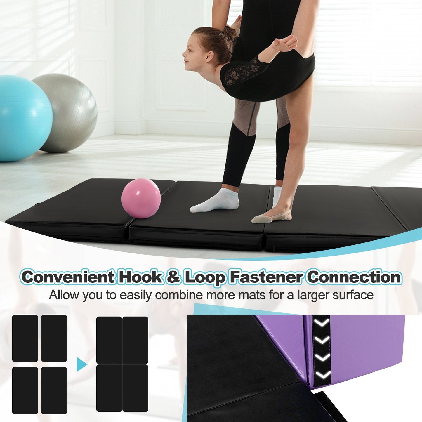Folding Gymnastics Mat with Carry Handles, Hook and Loop Fasteners-Black