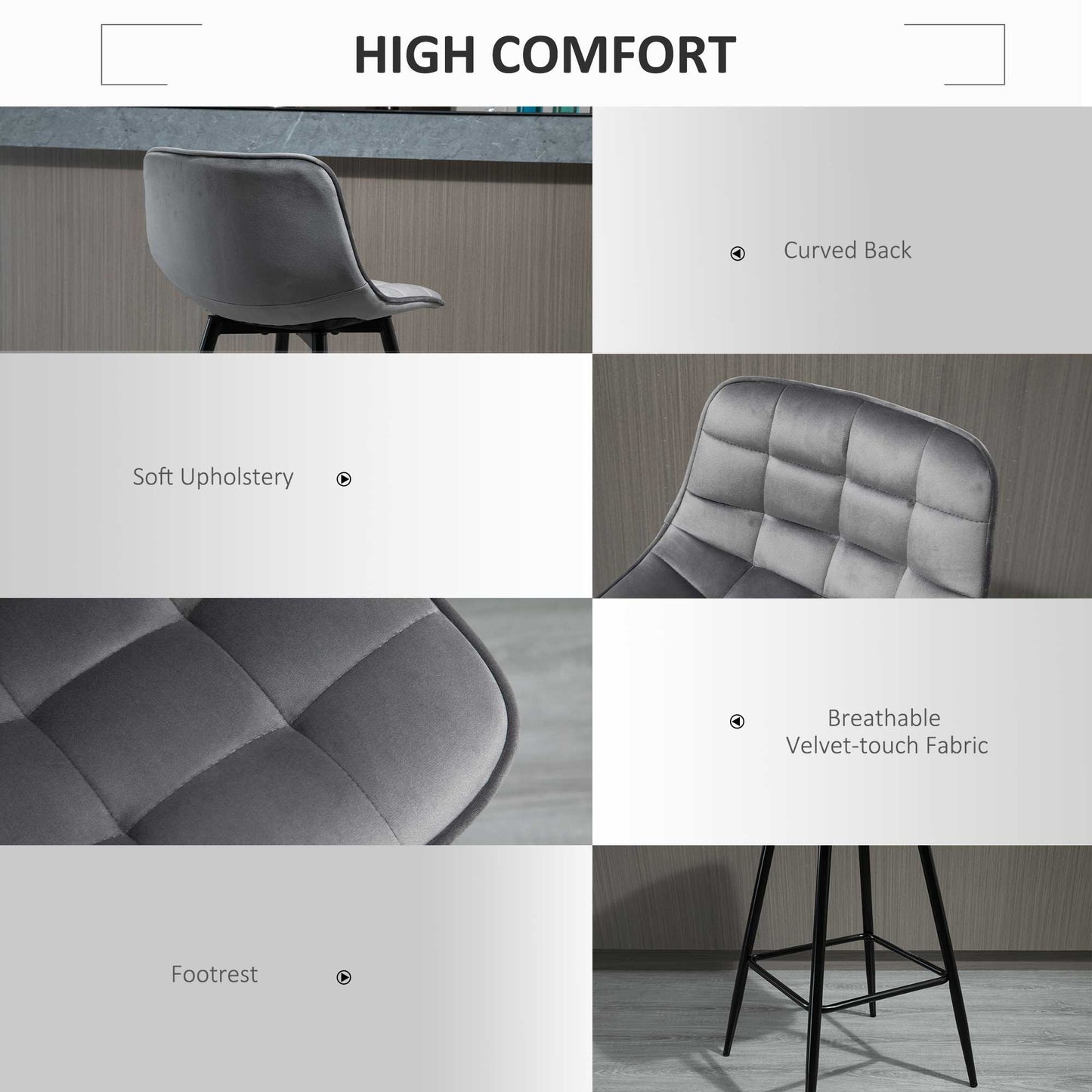 HOMCOM Set of 2 Bar Stools Velvet-Touch Dining Chairs Kitchen Counter Chairs Fabric Upholstered seat with Metal Legs, Backrest, Grey