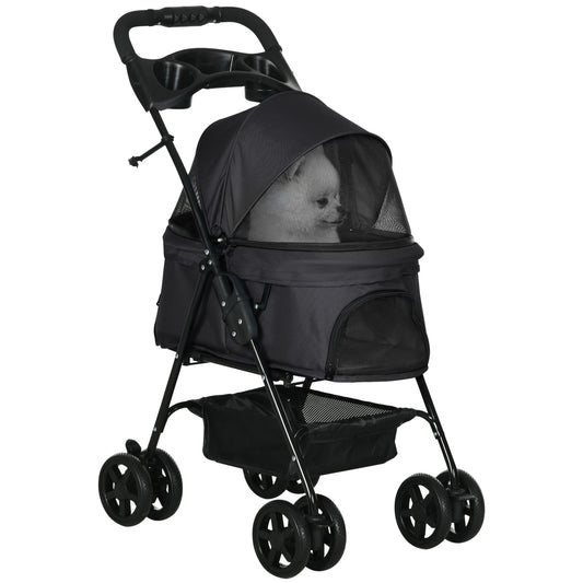 عربة أطفال قابلة للطي من PawHut Dog Pram للكلاب الصغيرة مع 4 عجلات ومقود أمان وحامل أكواب للكلاب الصغيرة، باللون الأسود