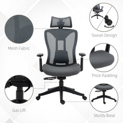 Vinsetto Mesh Office Chair, Ergonomic Desk Chair, Computer Chair with Adjustable Headrest and Lumbar Support, 135√Ç¬∞ Reclining Back and 3D Armrest for Home Office Study, Grey