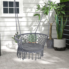 Outsunny Outdoor Hanging Rope Chair with Cotton Rope, Cotton-Polyester Blend Macrame Garden Hammock Chair with Seat Cushion, Support Backrest, for Patio, Garden, Porch, Dark Grey