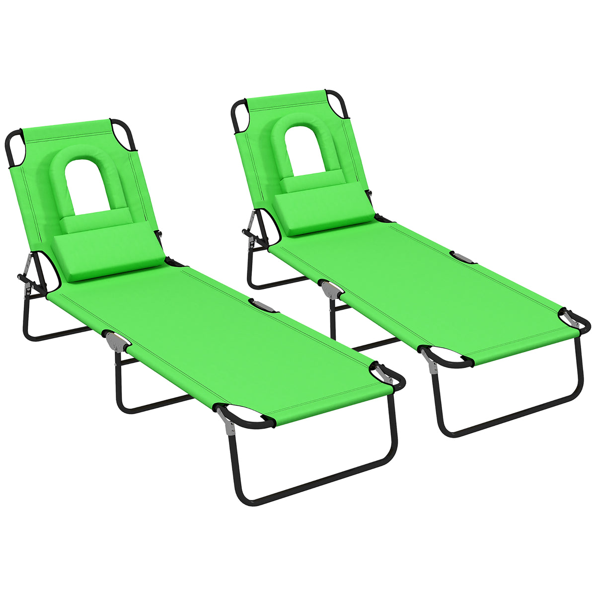 Outsunny Outdoor Foldable Sun Lounger Set of 2, 4 Level Adjustable Backrest Reclining Sun Lounger Chair with Pillow and Reading Hole, Green