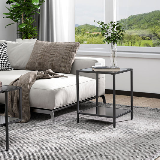 HOMCOM Tempered Glass Side Table with Storage, Modern 2-Tier Bedside Table with Steel Frame, Black