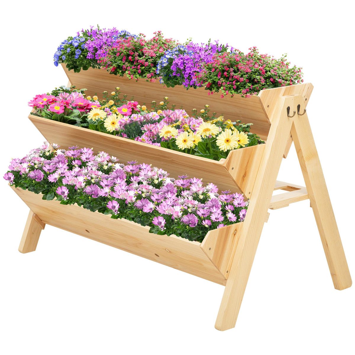 Outsunny 3 Tier Raised Beds for Garden, Wooden Planter Boxes with Clapboard and Hooks, 142L, 120 x 68 x 80cm