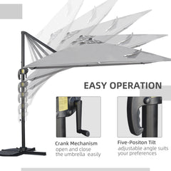 Outsunny 2.7 x 2.7 m Cantilever Parasol, Square Overhanging Umbrella with Cross Base, Crank Handle, Tilt, 360√Ç¬∞ Rotation and Aluminium Frame, Grey