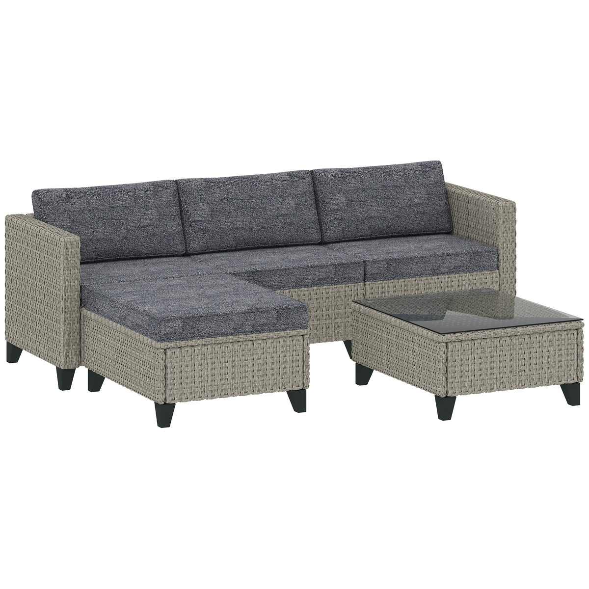 Outsunny 5-Piece Rattan Patio Furniture Set with Corner Sofa, Footstools, Coffee Table, for Poolside, Dark Grey