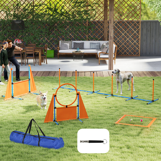 PawHut 6 Pieces Dog Agility Equipment Set with Weave Poles, Jump Ring and Hurdle, Pause Box and Carry Bag, Orange