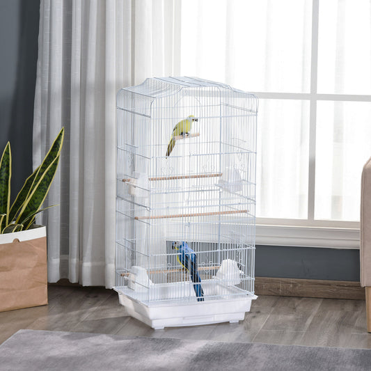 PawHut Large Metal Bird Cage with Perches, Food Bowls, Swing for Budgie, Parakeet, 46.5 x 35.5 x 92cm,White