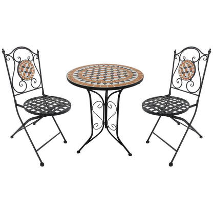 Outsunny 3 PCs Garden Mosaic Bistro Set Outdoor Patio 2 Folding Chairs & 1 Round Table Outdoor Furniture Vintage
