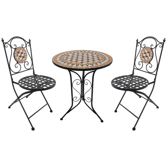 Outsunny 3 PCs Garden Mosaic Bistro Set Outdoor Patio 2 Folding Chairs & 1 Round Table Outdoor Furniture Vintage