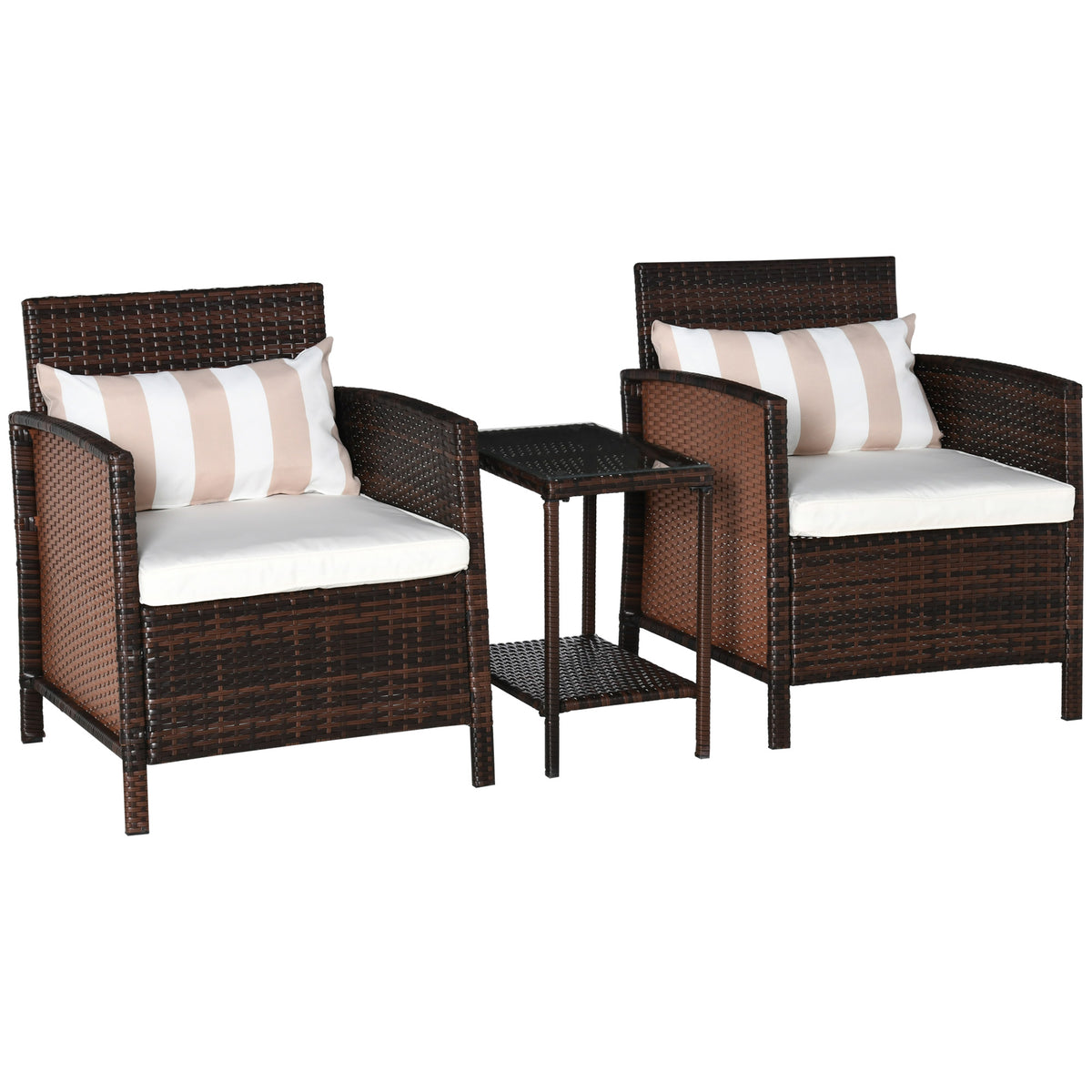 Outsunny 2-Seater Garden Outdoor Rattan Furniture Patio Bistro Set Wicker Weave Conservatory with Cushion Pillow - Brown