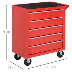 DURHAND 5-Drawer Lockable Tool Storage Cabinet with Wheels, Handle, 2 Keys, Steel Home Work DIY Workshop Chest, Garage Equipment Trolley, Red