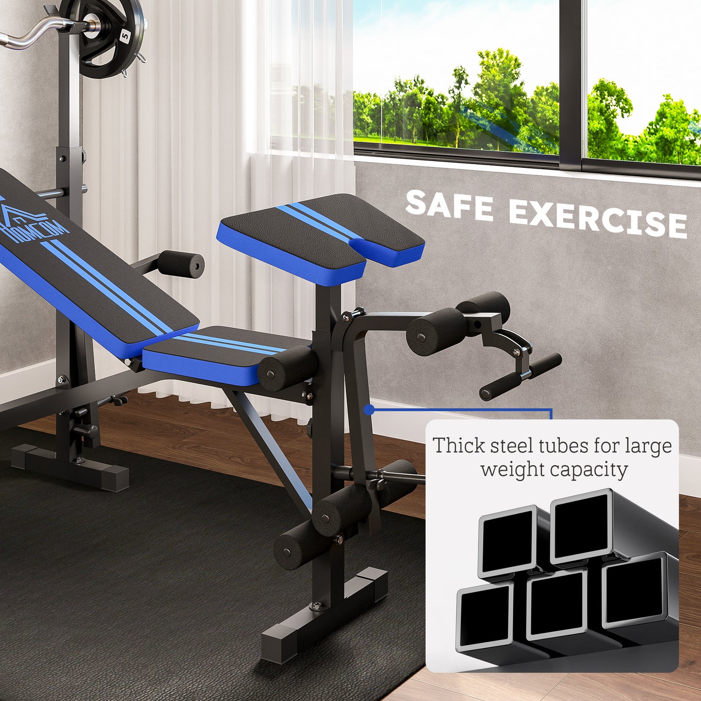 HOMCOM Adjustable Weight Bench with Leg Extension, Barbell Rack, Preacher Curl Pad, Butterfly, Multi-Function Home Gym Bench for Strength Training, Blue