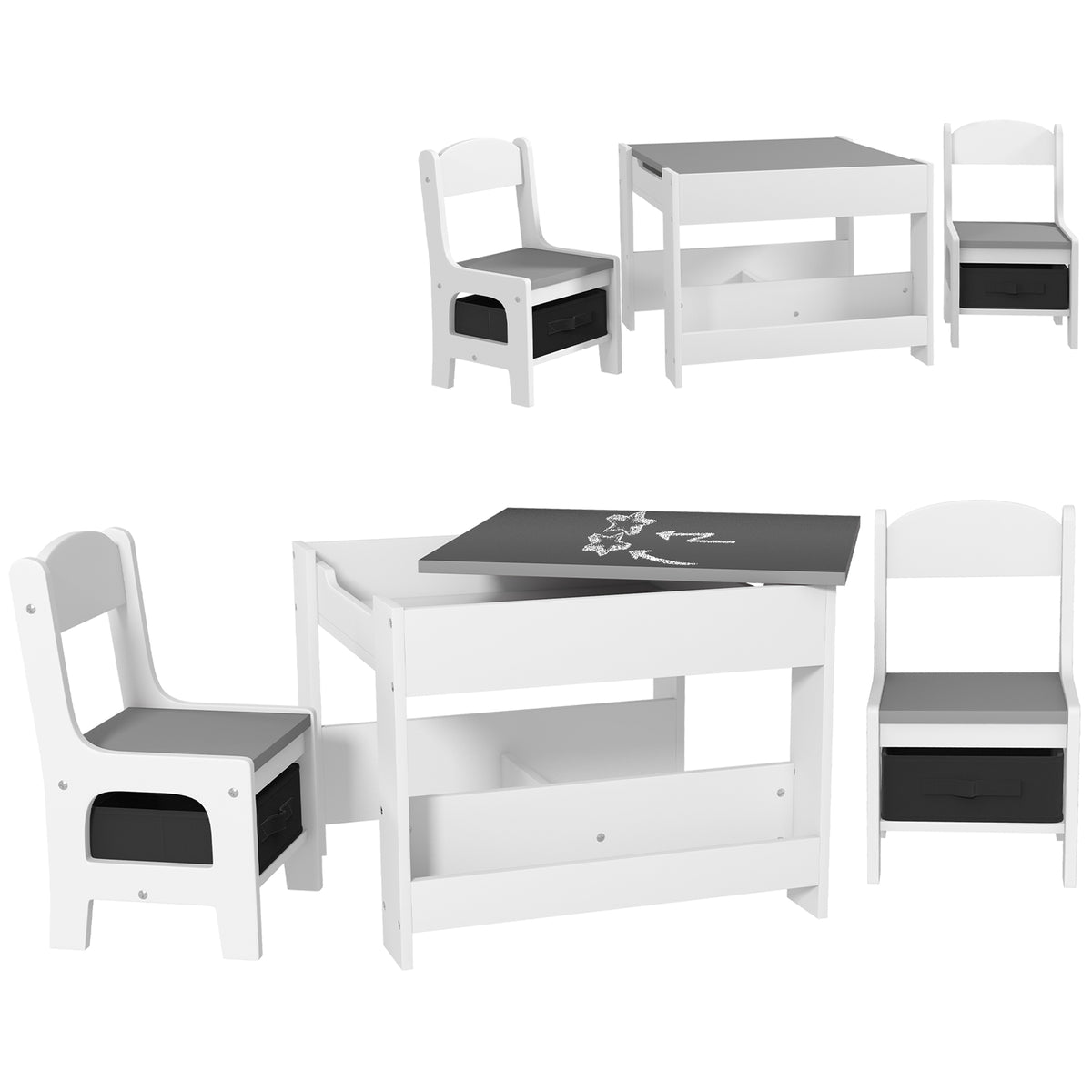 HOMCOM Three-Piece Kids Table and Chair Set with Blackboard, Storage, Bookshelves - Grey