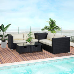 Outsunny 4 Pcs Rattan Wicker Garden Furniture Patio Sofa Storage & Table Set w/ 2 Drawers Coffee Table,Great Cushioned 4 Seats Corner Sofa - Black