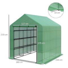 Outsunny Walk-in Greenhouse with 4 Tier 24 Shelves, Portable Grow House with Roll-up Zipped Door, 244 x 180 x 210cm, Green