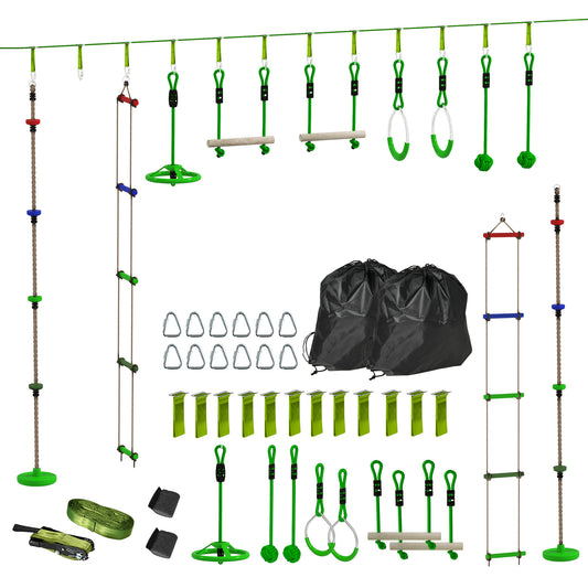 AIYAPLAY Obstacle Course for Kids with 10PCs Slackline Kit, with Monkey Bars, Gym Rings, Rope Ladder, Nest Swing, Hanging Tray