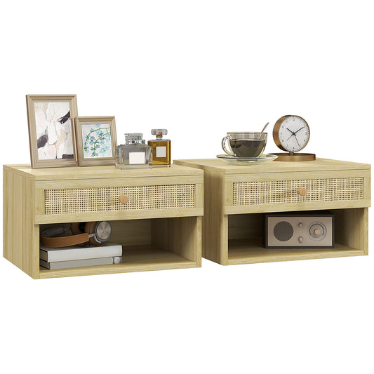 HOMCOM Set of Two Rattan Panel Floating Bedside Tables - Wood-Effect