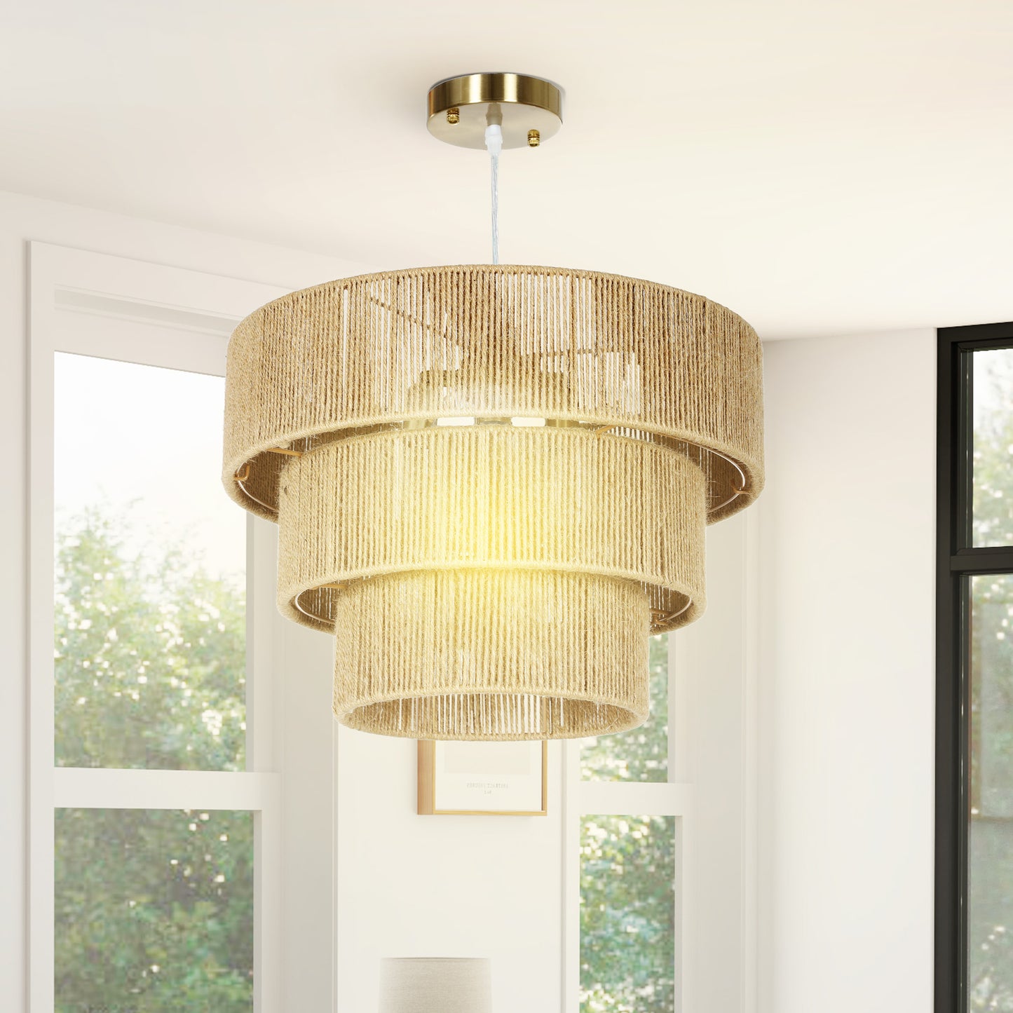HOMCOM Hemp Rope Ceiling Light, 3-Layer Boho Pendant Light, E14 Vintage Ceiling Lamp Fixtures for Living Room, Bedroom, Kitchen, Hallway, Light Brown