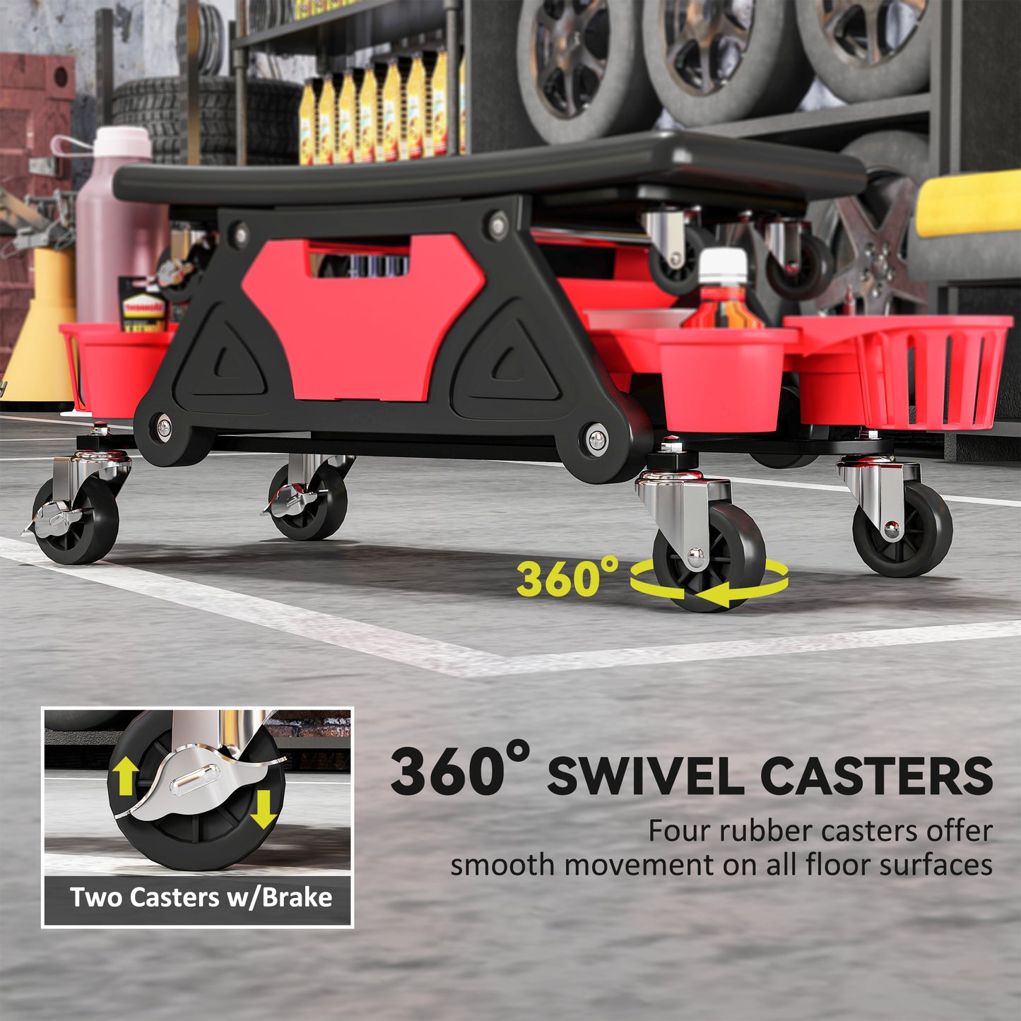 HOMCOM Rolling Mechanic Stool, 135kg Capacity Workshop Stool with 360√Ç¬∞ Swivel Wheels, Roller Creeper Seat with Slide Out Tool Trays, Drawer, Bottle Holders for Garage, Shop, Auto Repair, Red