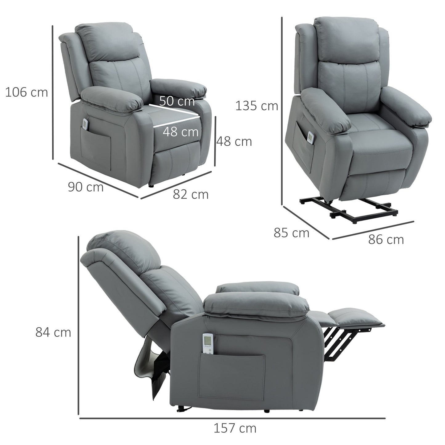 HOMCOM Power Lift Recliner Chair for Elderly, Electric Reclining Chair with with Massage, Heat, Remote Control and Side Pocket, Overstuffed Recliner Armchair, Grey