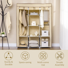 HOMCOM Fabric Wardrobe, Portable Wardrobe, Clothes Storage Unit with 8 Shelves, 2 Hanging Rods, 125 x 43 x 162.5 cm, Beige