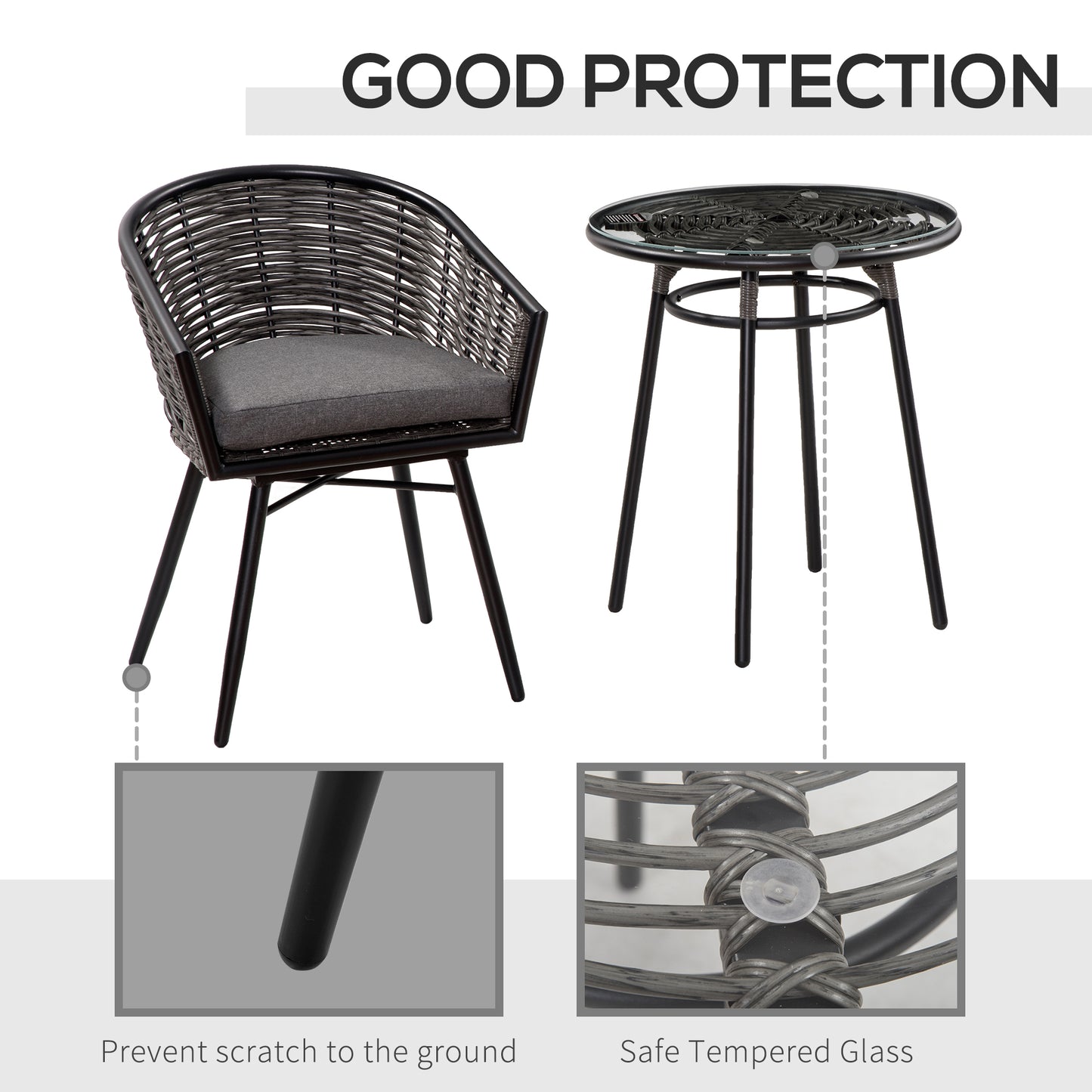 Outsunny 3 Pieces Rattan Bistro Set, Wicker Garden Furniture Set with Round Glass Top Coffee Table and Chairs, Washable Cushions for Outdoor, Patio, Balcony, Grey