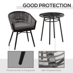 Outsunny 3 Pieces Rattan Bistro Set, Wicker Garden Furniture Set with Round Glass Top Coffee Table and Chairs, Washable Cushions for Outdoor, Patio, Balcony, Grey